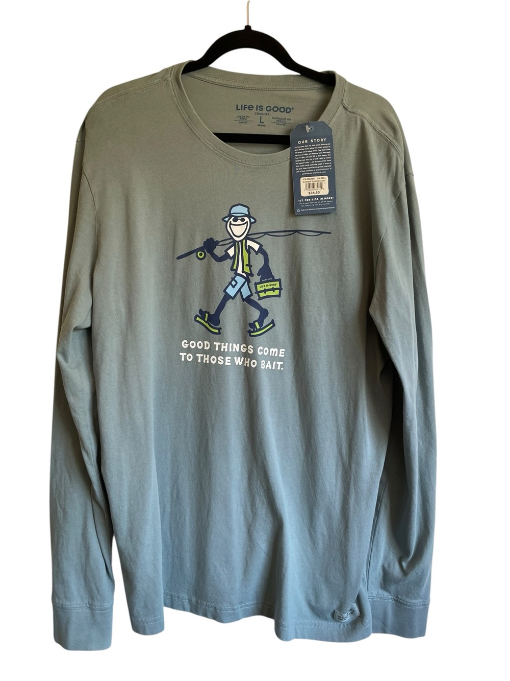 Life is Good Men's Fishing Graphic Long Sleeve Tee - Sage Green NWT
